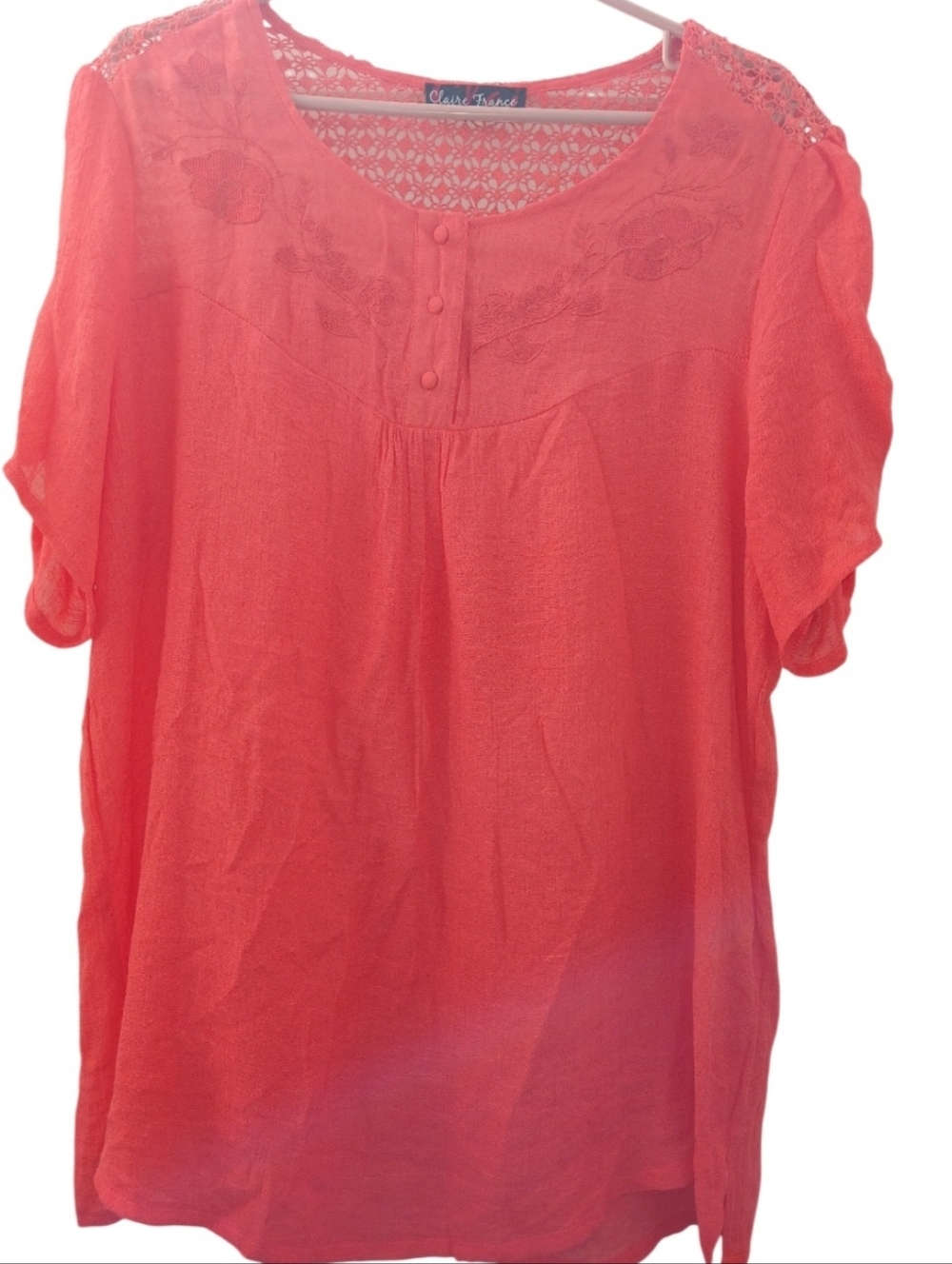 💫Claire's France Women's Coral Crochet Yoke Tunic Top W Floral Embroided